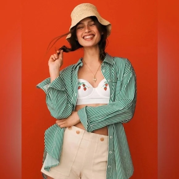 MAEVE - Oversized Classic Striped Button-Down Shirt – Olive & White - Small - Picture 7 of 9